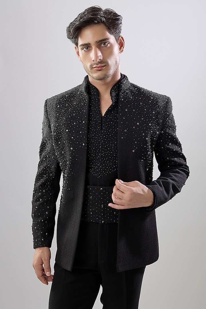 Black Textured Fabric Groom Indowestern Jacket Set by Jayesh and Kaajal Shah Men at Pernia's Pop Up Shop
