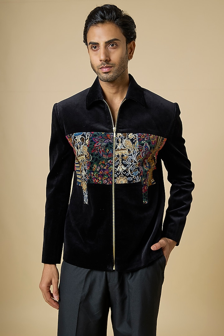 Black Velvet Embroidered Jacket by Jayesh and Kaajal Shah Men at Pernia's Pop Up Shop