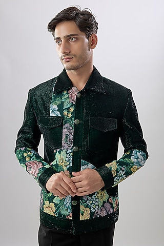 Bottle Green Corduroy Jacket by Jayesh and Kaajal Shah Men