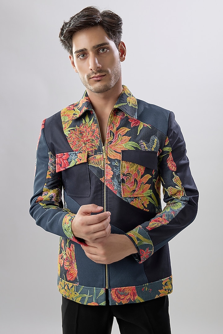 Blue Textured Fabric Jacket by Jayesh and Kaajal Shah Men at Pernia's Pop Up Shop