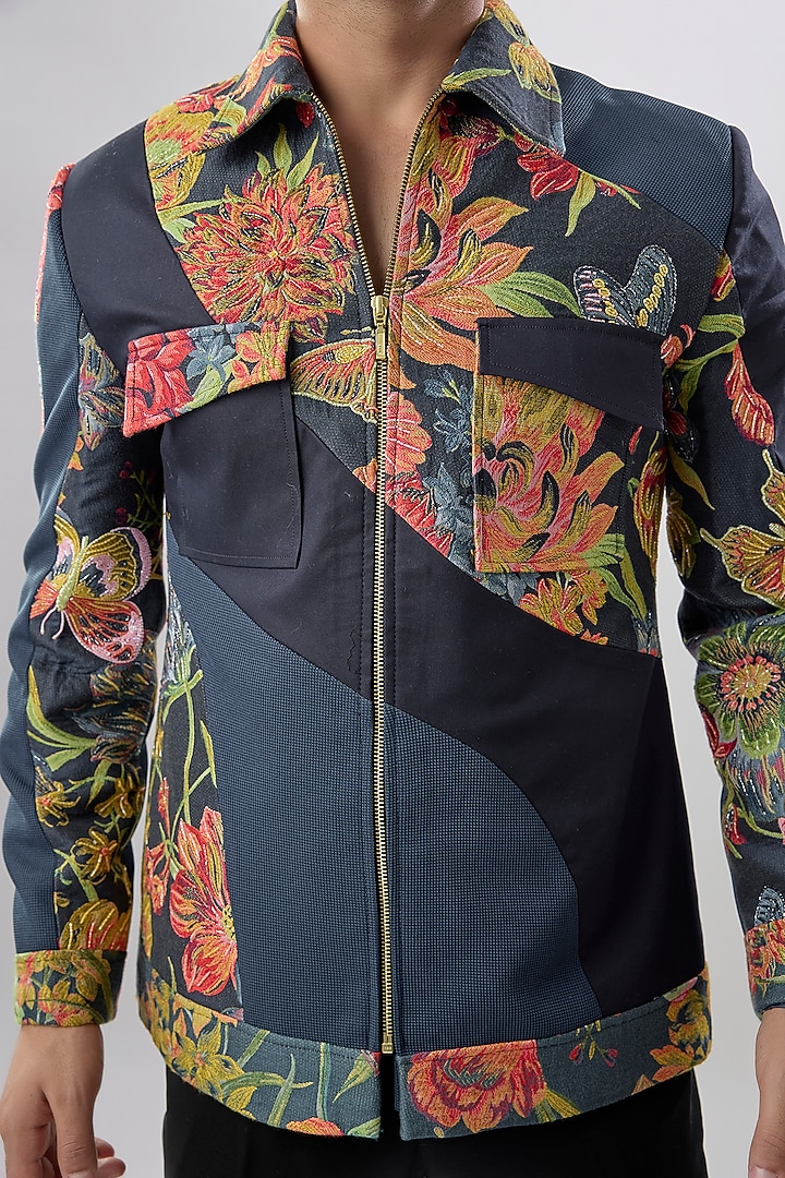 Blue Textured Fabric Jacket by Jayesh and Kaajal Shah Men at Pernia's Pop Up Shop