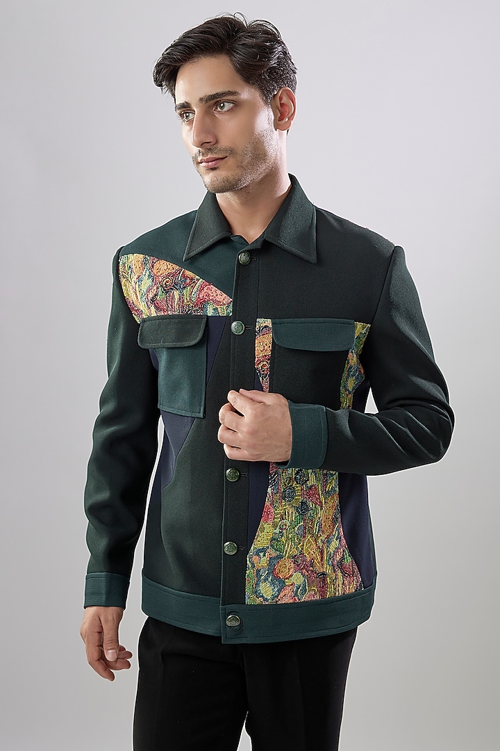 Green Textured Fabric Jacket by Jayesh and Kaajal Shah Men at Pernia's Pop Up Shop