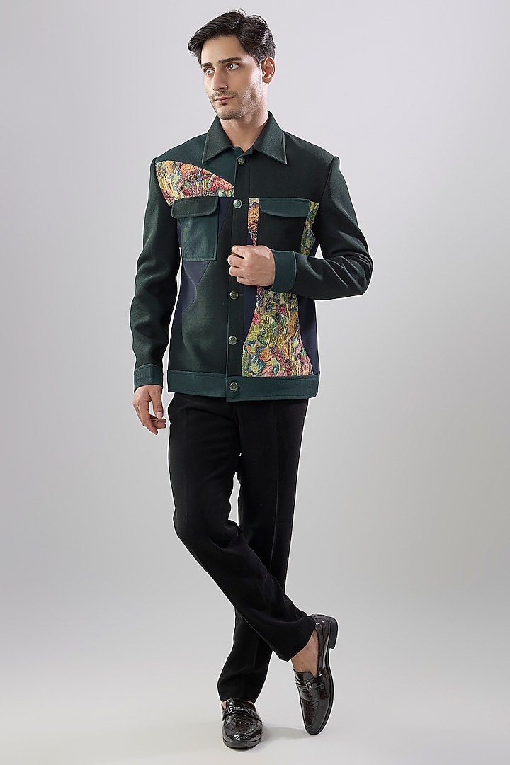 Green Textured Fabric Jacket by Jayesh and Kaajal Shah Men at Pernia's Pop Up Shop