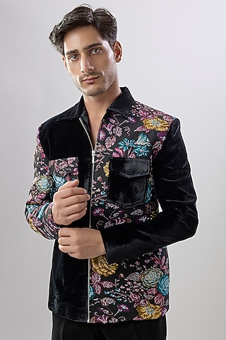 Black Velvet Jacket by Jayesh and Kaajal Shah Men