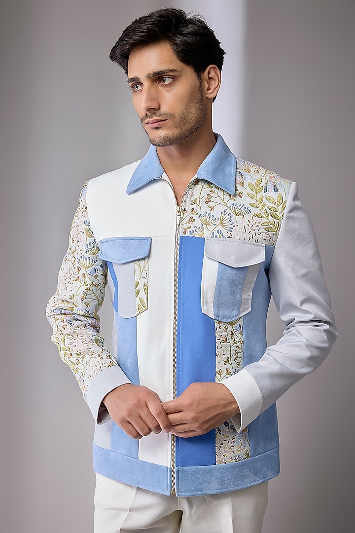 Light Blue Silk Jacket by Jayesh and Kaajal Shah Men at Pernia's Pop Up Shop
