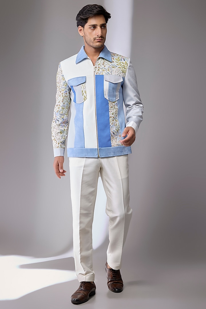 Light Blue Silk Jacket by Jayesh and Kaajal Shah Men at Pernia's Pop Up Shop