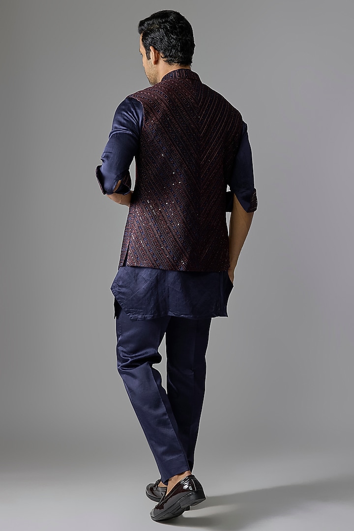 Blue Silk Bundi Jacket Set by Jayesh and Kaajal Shah Men at Pernia's Pop Up Shop