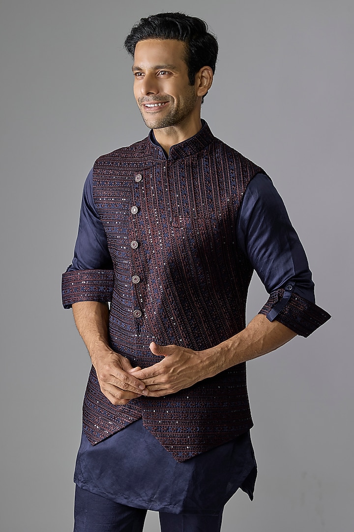 Blue Silk Bundi Jacket Set by Jayesh and Kaajal Shah Men at Pernia's Pop Up Shop