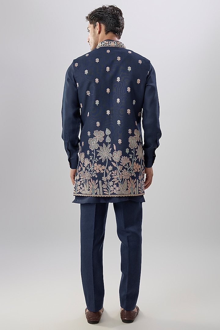 Blue Silk Bundi Jacket Set by Jayesh and Kaajal Shah Men at Pernia's Pop Up Shop