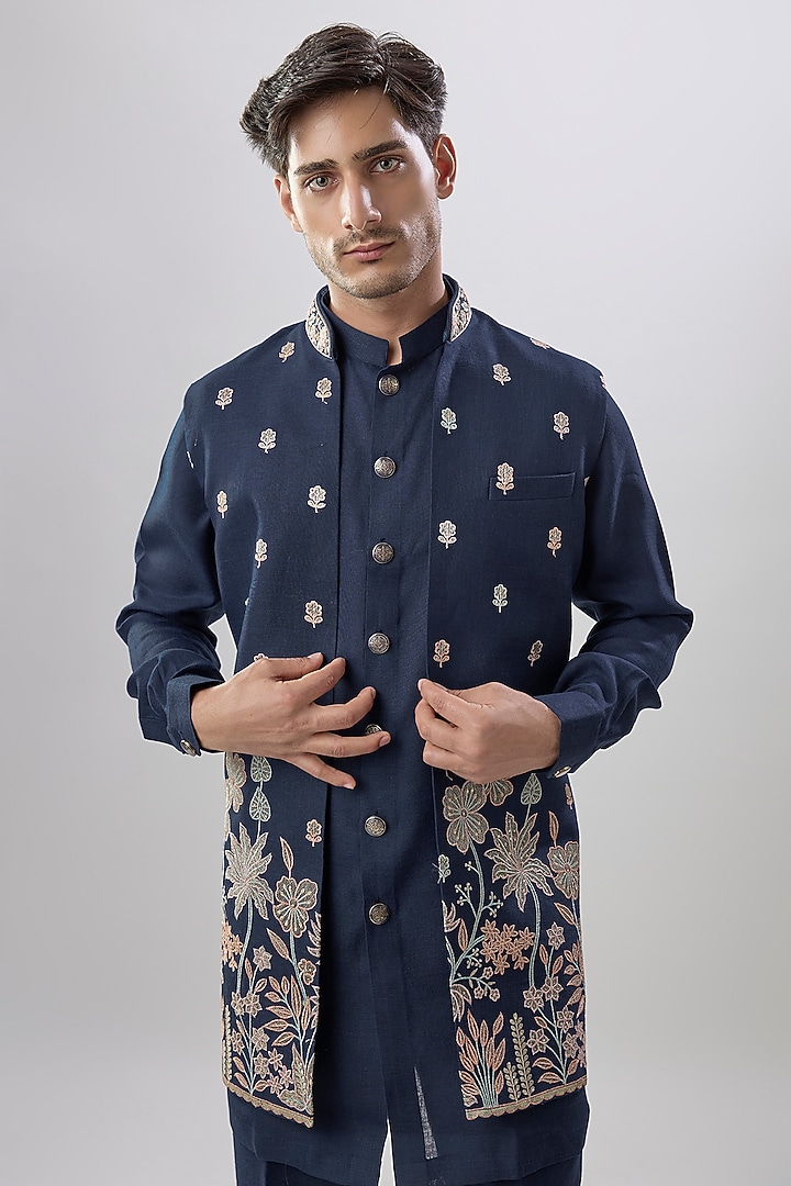 Blue Silk Bundi Jacket Set by Jayesh and Kaajal Shah Men at Pernia's Pop Up Shop