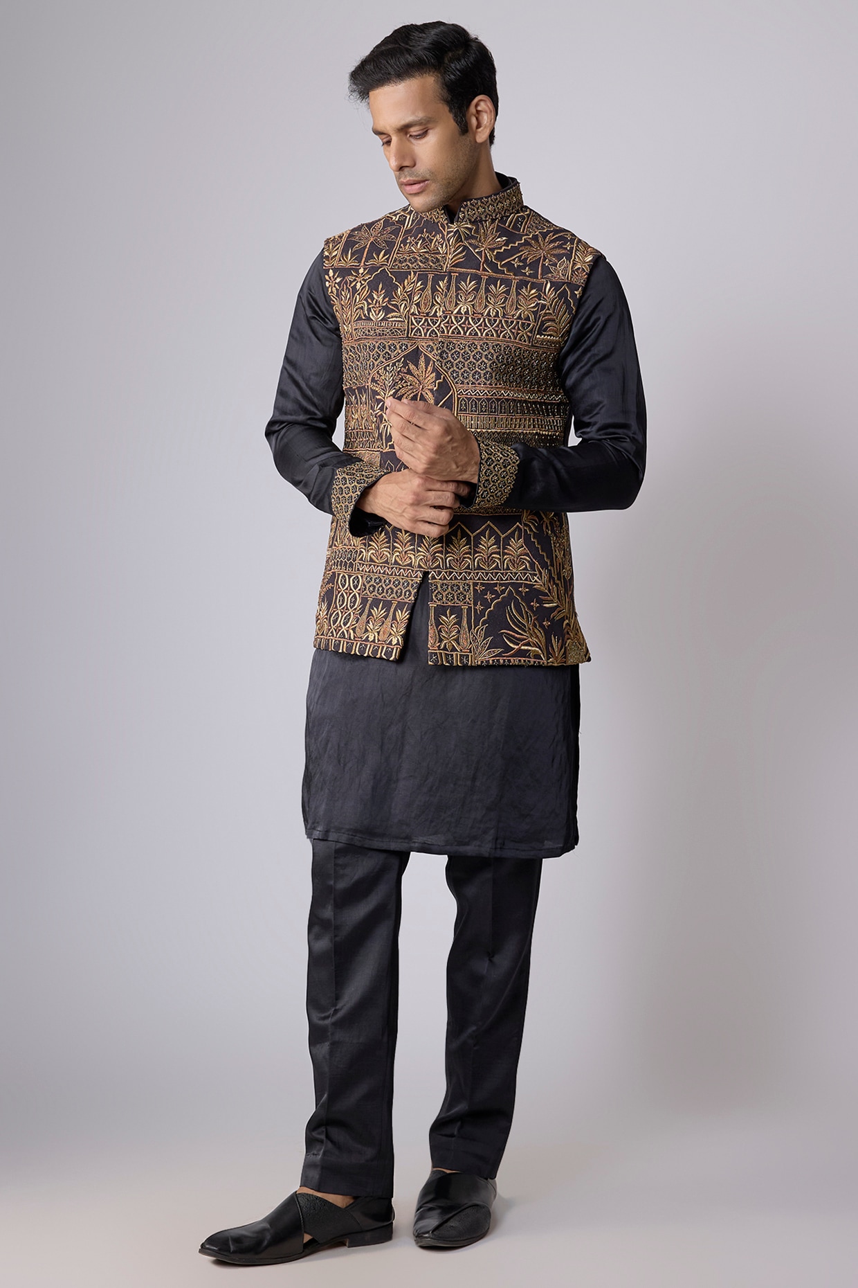 Jayesh and Kaajal Shah Dark Grey Silk Nehru Jacket Set