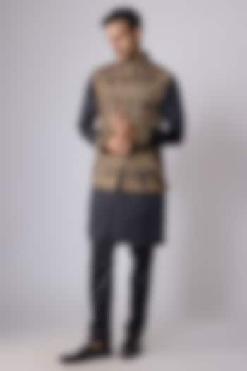 Dark Grey Silk Nehru Jacket Set by Jayesh and Kaajal Shah Men at Pernia's Pop Up Shop