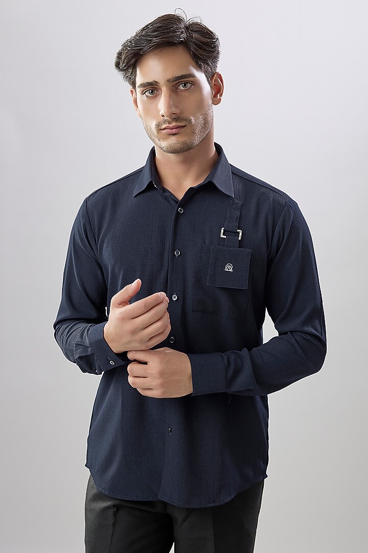 Navy Blue Crepe Party Wear Shirt by Jayesh and Kaajal Shah Men at Pernia's Pop Up Shop