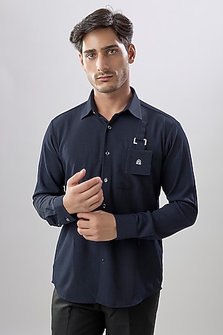 Navy Blue Crepe Shirt by Jayesh and Kaajal Shah Men