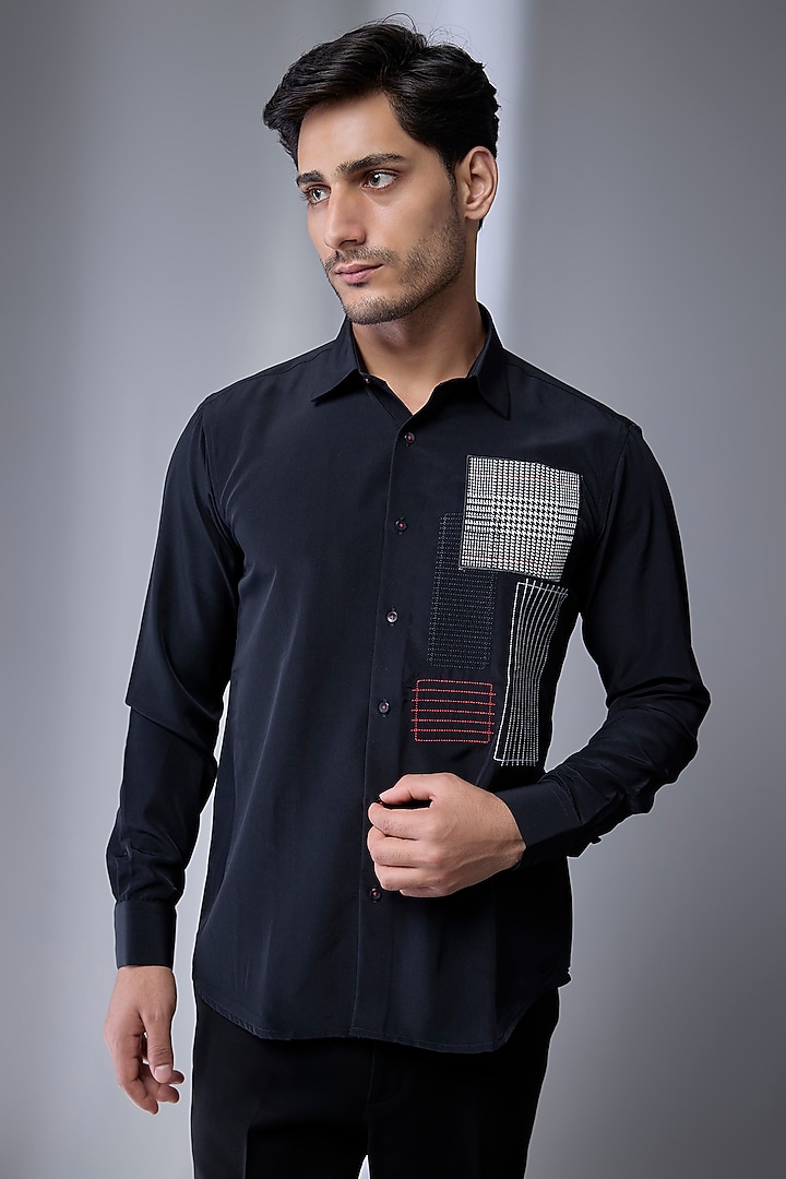 Black Cotton Blend Party Wear Shirt by Jayesh and Kaajal Shah Men at Pernia's Pop Up Shop