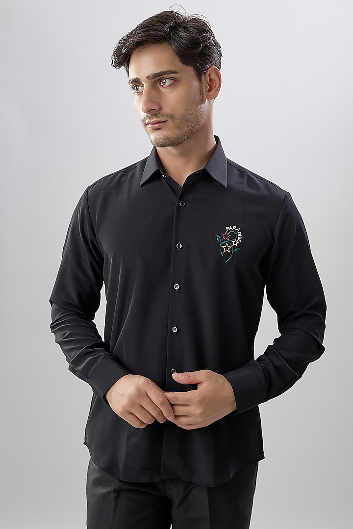 Black Cotton Party Wear Shirt by Jayesh and Kaajal Shah Men at Pernia's Pop Up Shop