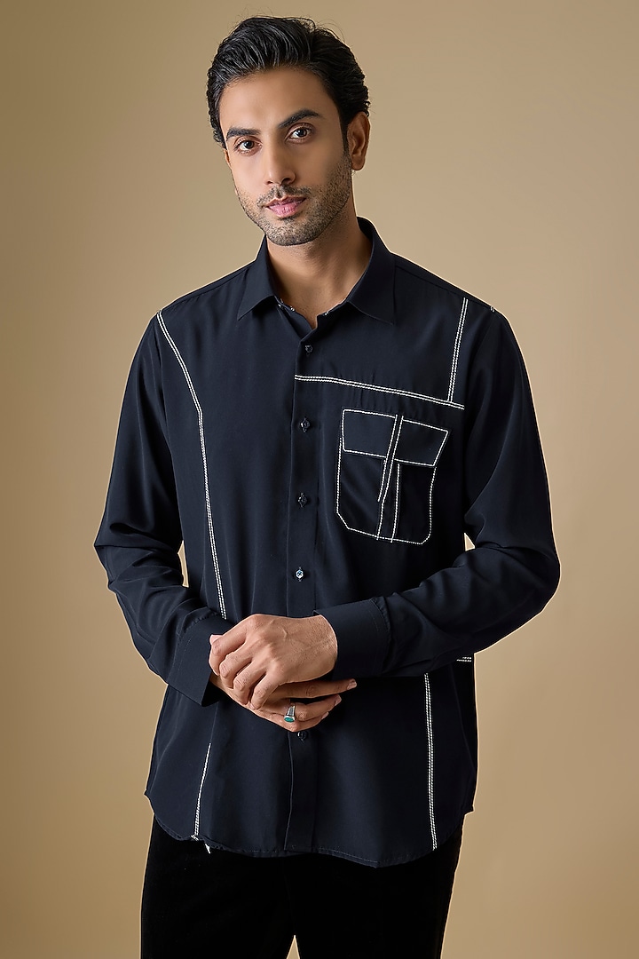 Navy Blue Polyester Party Wear Shirt by Jayesh and Kaajal Shah Men at Pernia's Pop Up Shop