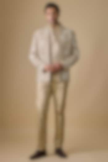 Beige Linen Satin & Polyester Groom Indowestern Set by Jayesh and Kaajal Shah Men at Pernia's Pop Up Shop