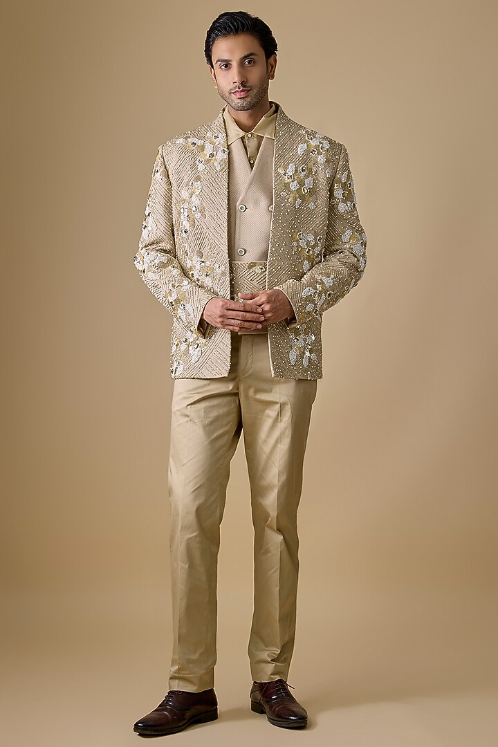 Beige Linen Satin & Polyester Groom Indowestern Set by Jayesh and Kaajal Shah Men at Pernia's Pop Up Shop