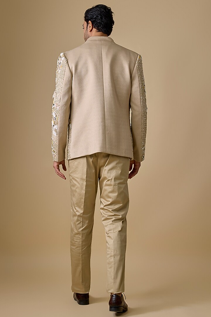Beige Linen Satin & Polyester Groom Indowestern Set by Jayesh and Kaajal Shah Men at Pernia's Pop Up Shop