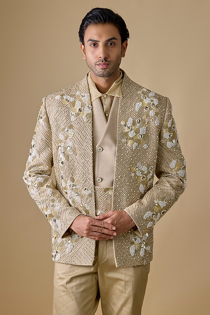 Beige Linen Satin & Polyester Groom Indowestern Set by Jayesh and Kaajal Shah Men at Pernia's Pop Up Shop