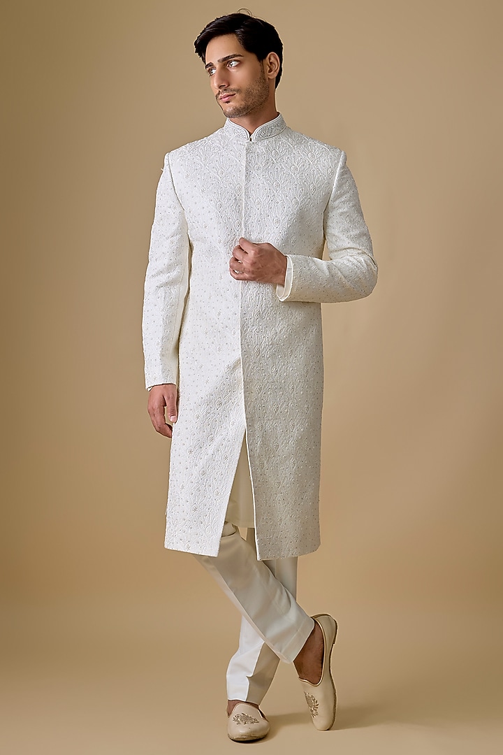 White Silk Groom Indowestern Set by Jayesh and Kaajal Shah Men at Pernia's Pop Up Shop