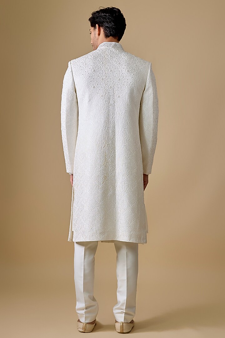 White Silk Groom Indowestern Set by Jayesh and Kaajal Shah Men at Pernia's Pop Up Shop