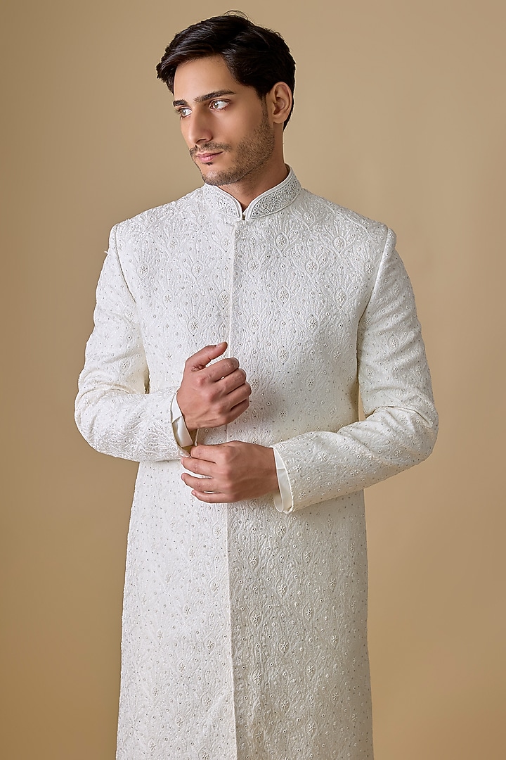 White Silk Groom Indowestern Set by Jayesh and Kaajal Shah Men at Pernia's Pop Up Shop