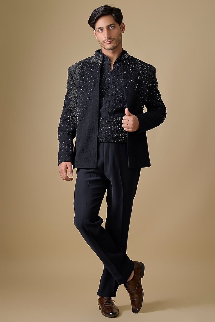 Navy Silk Groom Indowestern Jacket Set by Jayesh and Kaajal Shah Men at Pernia's Pop Up Shop