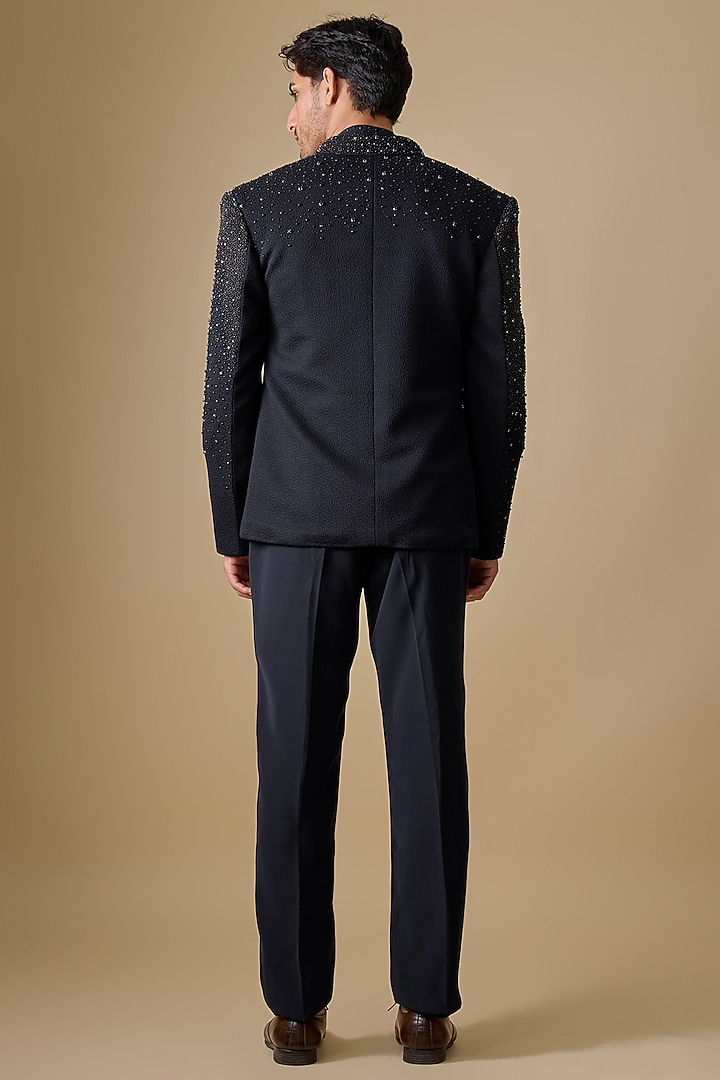 Navy Silk Groom Indowestern Jacket Set by Jayesh and Kaajal Shah Men at Pernia's Pop Up Shop