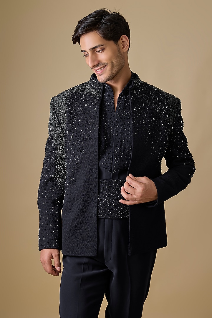 Navy Silk Groom Indowestern Jacket Set by Jayesh and Kaajal Shah Men at Pernia's Pop Up Shop