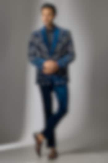 Teal Blue Velvet Tuxedo Set by Jayesh and Kaajal Shah Men at Pernia's Pop Up Shop