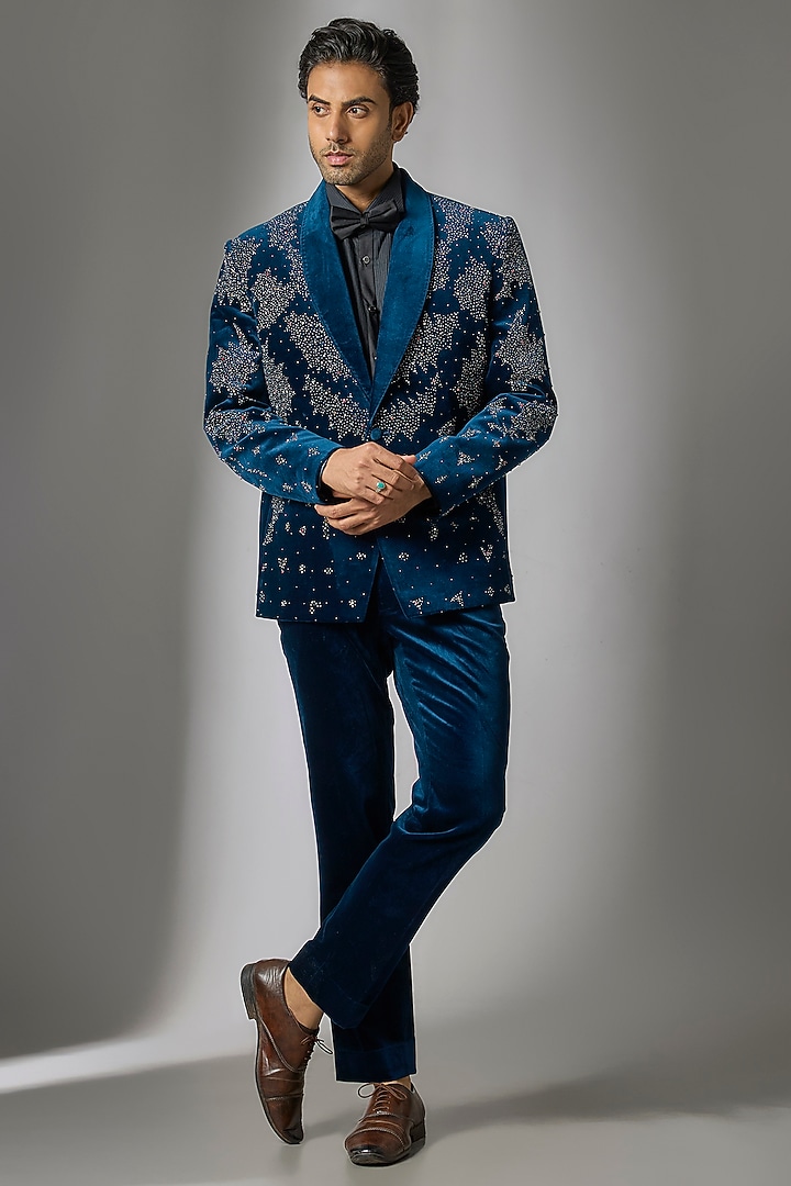 Teal Blue Velvet Tuxedo Set by Jayesh and Kaajal Shah Men at Pernia's Pop Up Shop
