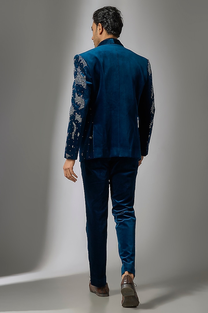 Teal Blue Velvet Tuxedo Set by Jayesh and Kaajal Shah Men at Pernia's Pop Up Shop