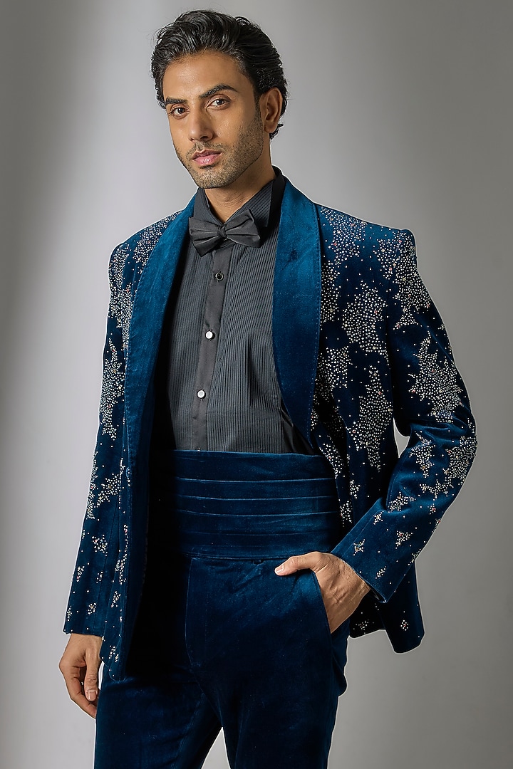 Teal Blue Velvet Tuxedo Set by Jayesh and Kaajal Shah Men at Pernia's Pop Up Shop