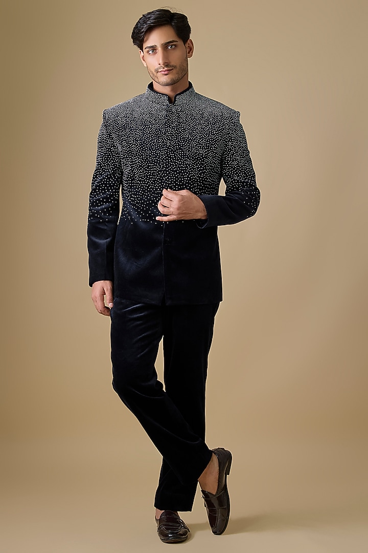 Navy Blue Polyester Wedding Bandhgala Set by Jayesh and Kaajal Shah Men at Pernia's Pop Up Shop