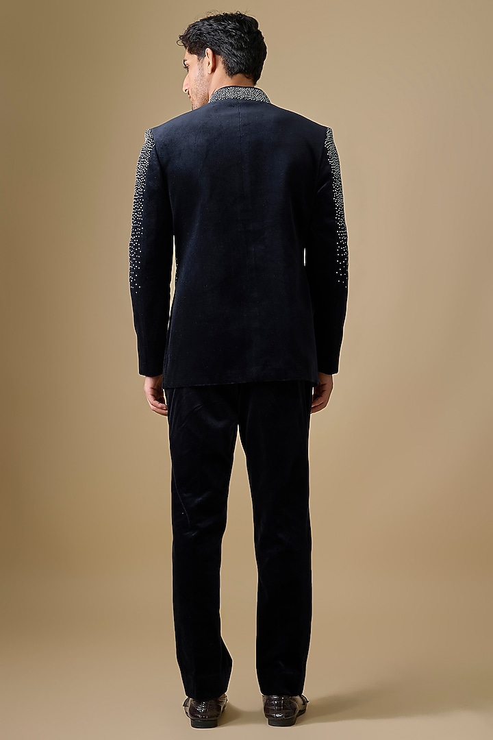 Navy Blue Polyester Wedding Bandhgala Set by Jayesh and Kaajal Shah Men at Pernia's Pop Up Shop