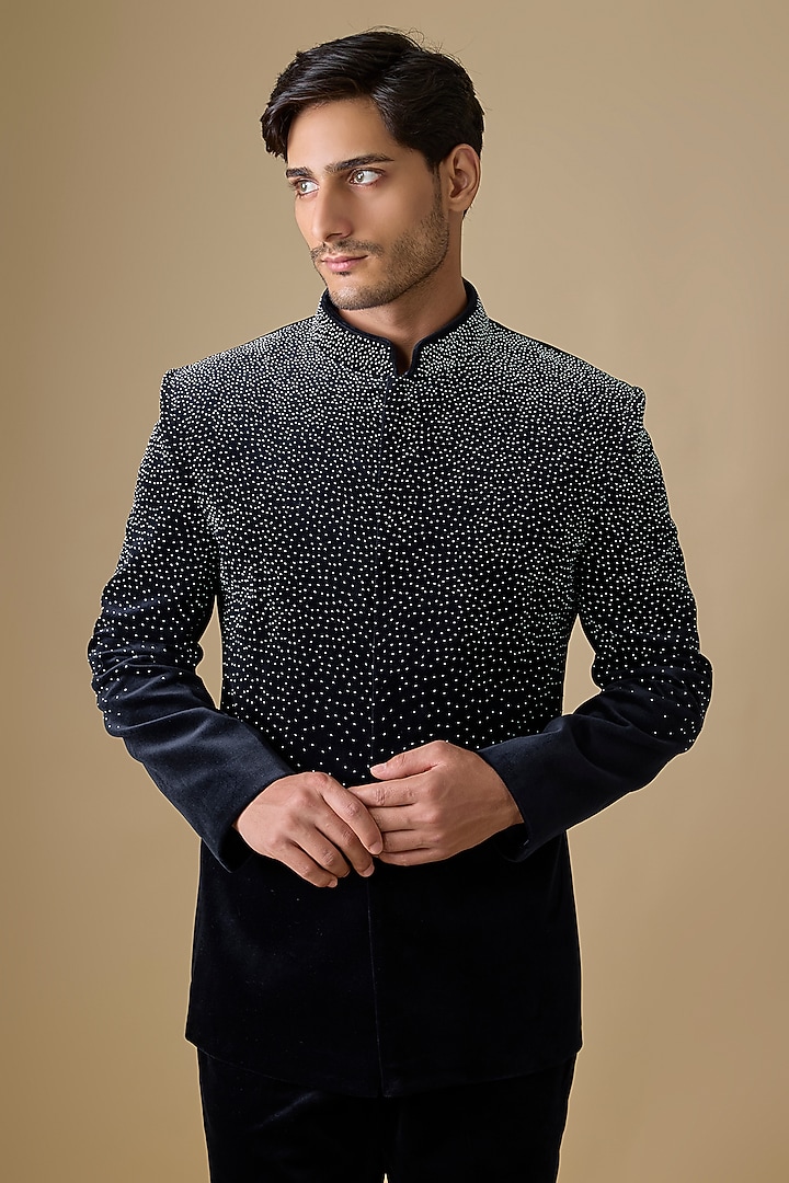 Navy Blue Polyester Wedding Bandhgala Set by Jayesh and Kaajal Shah Men at Pernia's Pop Up Shop