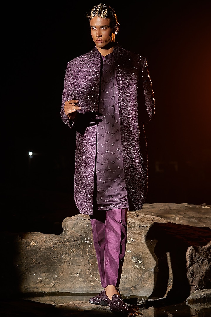 Deep Purple Embroidered Indo Western Set by Jayesh and Kaajal Shah