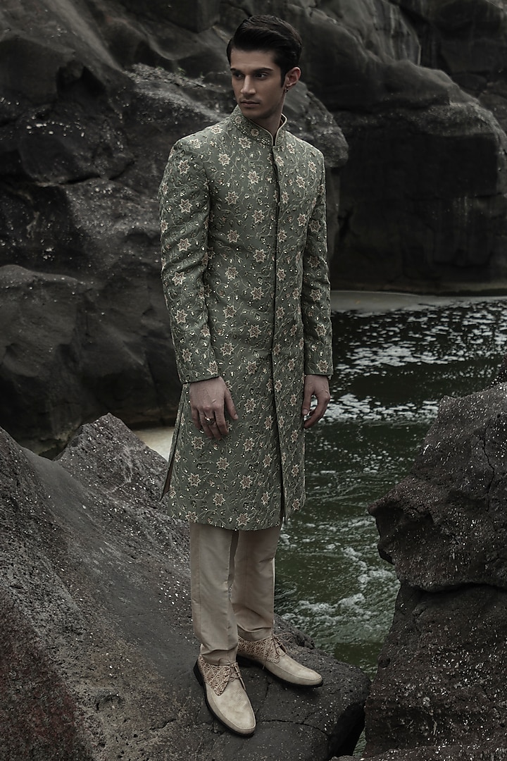 Sage Green Embroidered Groom Sherwani Set by Jayesh and Kaajal Shah Men at Pernia's Pop Up Shop