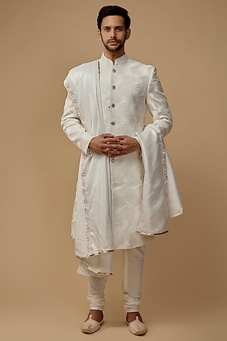 White Dupion Silk Sherwani Set by Jayesh and Kaajal Shah Men