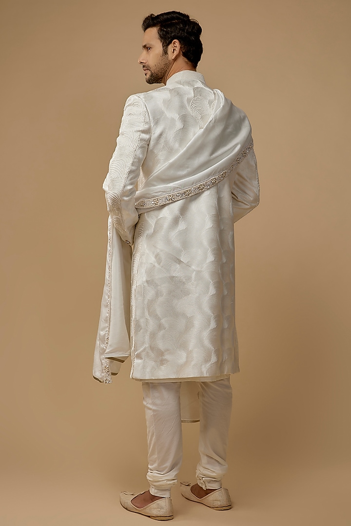 White Dupion Silk Groom Sherwani Set by Jayesh and Kaajal Shah Men at Pernia's Pop Up Shop