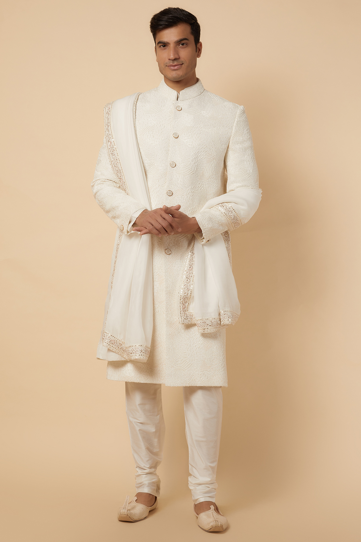 Ivory Raw Silk Groom Sherwani Set by Jayesh and Kaajal Shah at Pernia's Pop Up Shop