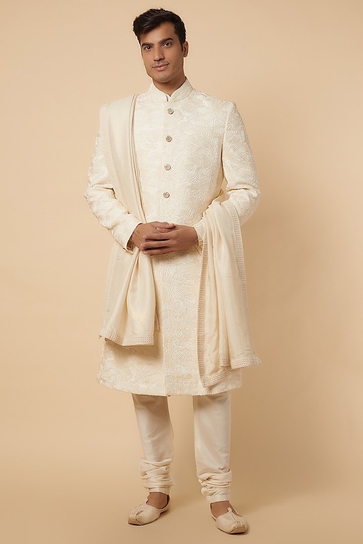 Ivory Raw Silk Groom Sherwani Set by Jayesh and Kaajal Shah at Pernia's Pop Up Shop