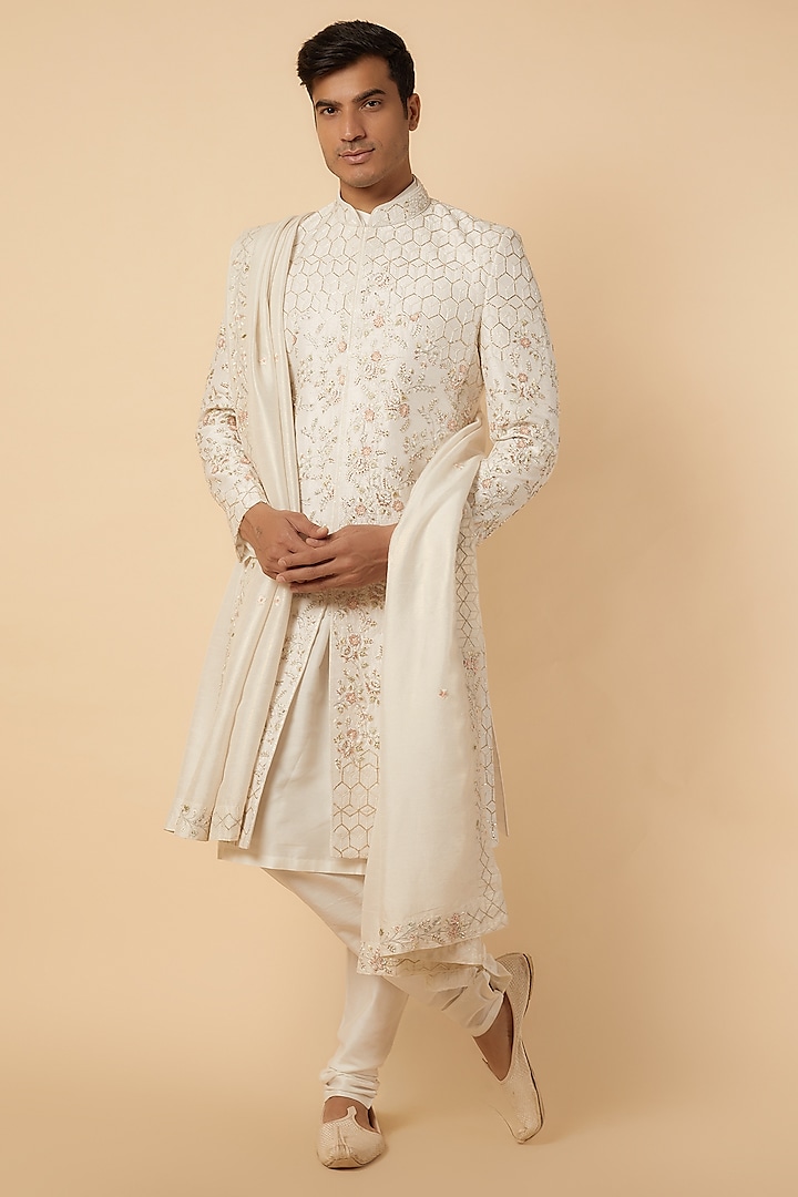 Ivory Raw Silk Groom Sherwani Set by Jayesh and Kaajal Shah at Pernia's Pop Up Shop