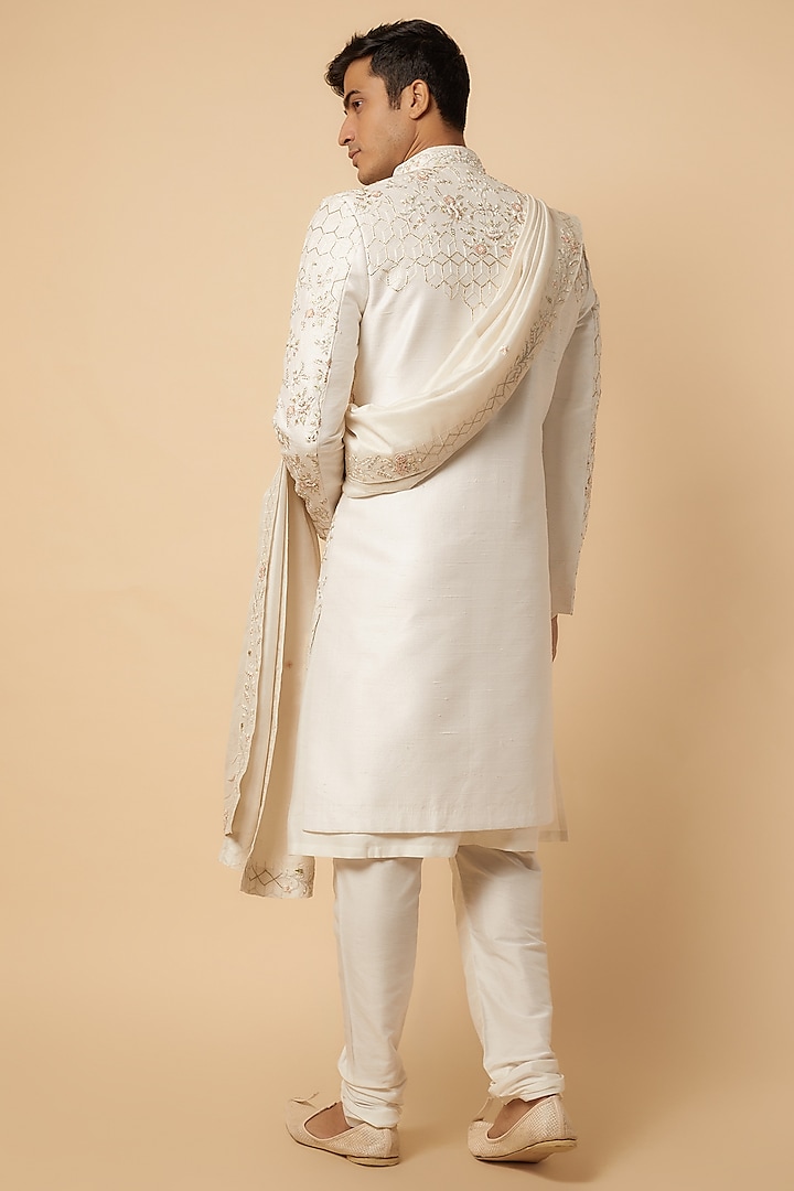 Ivory Raw Silk Groom Sherwani Set by Jayesh and Kaajal Shah Men at Pernia's Pop Up Shop
