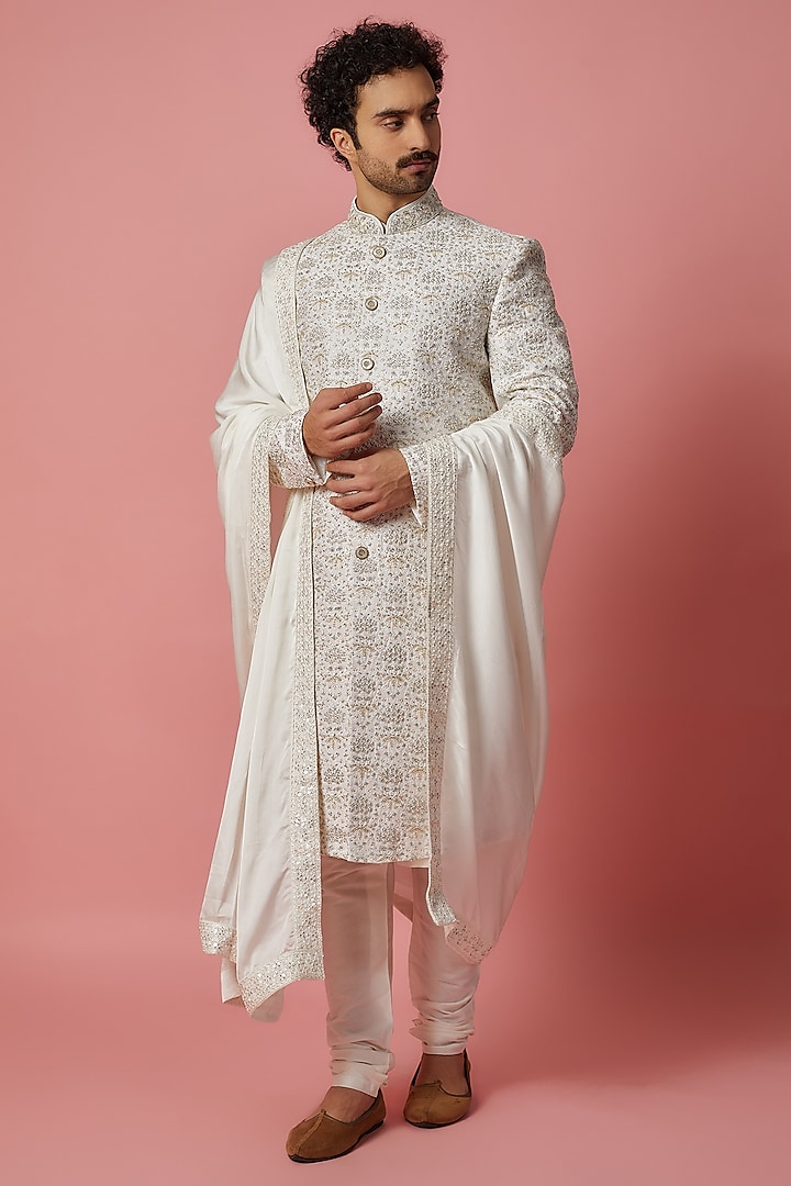 Ivory Silk Sherwani Set by Jayesh and Kaajal Shah