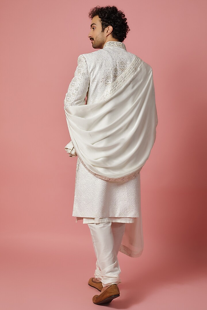Ivory Silk Groom Sherwani Set by Jayesh and Kaajal Shah Men at Pernia's Pop Up Shop
