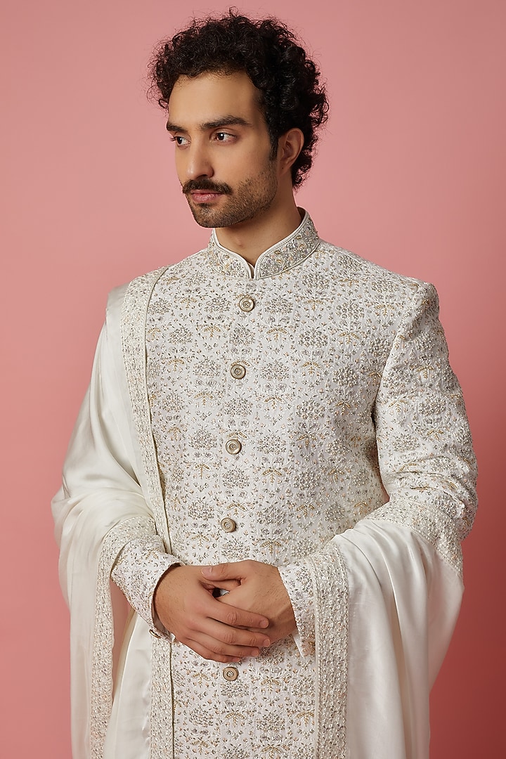 Ivory Silk Groom Sherwani Set by Jayesh and Kaajal Shah Men at Pernia's Pop Up Shop