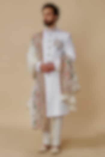 White Matka Silk Sherwani Set by Jayesh and Kaajal Shah